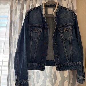 Sandro Dark Blue Jean Jacket with Shearling Collar